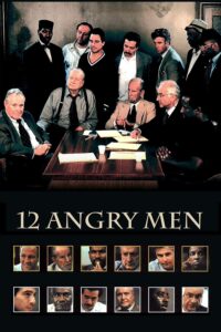 Poster for the 1997 remake of 12 Angry Men, showing all twelve jurors in a tense moment around a conference table in a dimly lit deliberation room. Below the scene are headshots of each juror in a grid, highlighting their diverse expressions and demographics. The title is displayed in bold serif font beneath the images.