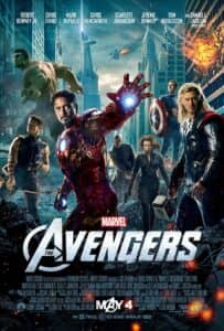 Poster for Marvel’s The Avengers showcasing the superhero ensemble—Iron Man, Thor, Captain America, Hulk, Black Widow, and Hawkeye—in a war-torn cityscape with explosions and flying aircraft. Stark Tower is visible in the background. Cast names include Robert Downey Jr., Chris Evans, Mark Ruffalo, Chris Hemsworth, Scarlett Johansson, Jeremy Renner, Tom Hiddleston, and Samuel L. Jackson.