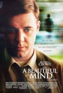 Poster for A Beautiful Mind featuring a close-up of Russell Crowe’s face as John Nash, with a distant, blurred figure in the background. The tagline reads, “He saw the world in a way no one could have imagined.” The title and credits are placed prominently at the bottom.