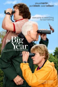Three men—Jack Black, Steve Martin, and Owen Wilson—stand stacked in profile, each looking through binoculars in the same direction. A bird perches humorously on the binoculars of Martin’s character. The tagline reads “Everyone is searching for something.” The scene is bright and cheerful with a clear blue sky and green forest in the background, reflecting the film’s lighthearted tone.