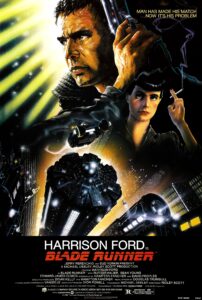 The illustrated poster for Blade Runner features Harrison Ford’s character Rick Deckard holding a gun, with sweat on his brow and a serious expression. Beside him is Sean Young’s character Rachael, elegantly smoking a cigarette. The background blends futuristic cityscapes, flying cars, and beams of light piercing through darkness. The tagline reads: “Man has made his match… now it’s his problem.” The title is bold in red and white, emphasizing the cyberpunk noir theme.