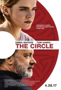 A minimalist poster featuring split close-up portraits of Emma Watson (top) and Tom Hanks (bottom) facing opposite directions, set against a stark white and red background with a tech-inspired circular pattern. The tagline reads: “Knowing is good. Knowing everything is better.” The film title “THE CIRCLE” is bold in red between the two faces, with the release date “4.28.17” in the corner.