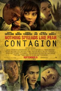 Poster for Contagion showing a collage of tense expressions from the ensemble cast, including Laurence Fishburne, Marion Cotillard, Matt Damon, Jude Law, Kate Winslet, and Gwyneth Paltrow. The tagline “Nothing Spreads Like Fear” is boldly printed above the film title, set against a distressed yellow background evoking urgency and chaos.