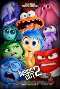 A colorful cluster of animated emotion characters crowd together, each showing a distinct feeling — Joy smiles brightly in the center, surrounded by Anger, Disgust, Sadness, Fear, and new characters like Anxiety and Envy. The tagline “Make Room for New Emotions” hints at the sequel’s expanded emotional cast.