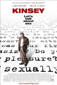 Poster for Kinsey featuring a man (played by Liam Neeson) in a brown suit standing on a large printed sex survey. The words “Let’s talk about sex” appear above him, and the ground is covered with large, bold questions about sexual behavior, hinting at the groundbreaking nature of Alfred Kinsey’s research. The tagline and typography highlight the film’s focus on sexology and scientific inquiry into human sexuality.