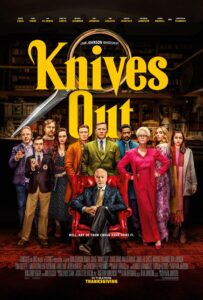 Poster for Knives Out showing a stylish ensemble cast in front of a book-lined study. A magnifying glass cleverly frames the bold yellow title, and a knife points through the letters. At the center, Christopher Plummer sits in a red chair while Daniel Craig and others stand behind him. Tagline: “Hell, any of them could have done it.”