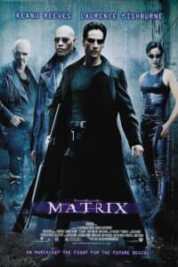 Poster for The Matrix featuring Neo (Keanu Reeves) front and center in a long black coat and sunglasses, holding a weapon. Behind him are Morpheus (Laurence Fishburne), Trinity (Carrie-Anne Moss), and another character, all dressed in black leather with futuristic styles. A digital rain of green code symbols falls in the background. The film’s title, The Matrix, is displayed in bold white and purple font below. Tagline: “On March 31st the fight for the future begins.”