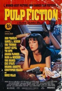 Poster for Pulp Fiction, styled like a worn pulp magazine cover. Uma Thurman lies on a bed with a cigarette in hand, flanked by a pistol and pulp novel. The cast list appears on the left in bold yellow text against a distressed red and black background. The poster reads “Winner: Best Picture - 1994 Cannes Film Festival” and credits Quentin Tarantino as writer and director.