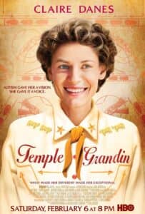Poster for Temple Grandin featuring Claire Danes smiling in a cream-colored Western-style shirt adorned with cattle pins and embroidered stars. The background is a golden tan with red schematic designs. The tagline reads, “Autism gave her a vision. She gave it a voice.”