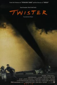 A massive tornado dominates the dusky sky, touching down with violent force on a rural landscape. In the foreground, two people — a man and woman — run from the storm, their expressions tense and urgent. The tagline reads: “Don’t breathe. Don’t look back.” Below the title, it says: “The Dark Side of Nature.”