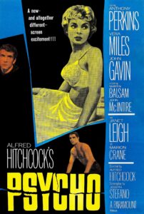 Poster for Alfred Hitchcock’s Psycho featuring bold yellow and blue graphic panels. A stylized image of Janet Leigh in a slip sits at the center, looking over her shoulder, while Anthony Perkins appears in smaller panels nearby. The title “Psycho” appears in large cracked yellow letters across the bottom, with cast names listed along the right side. The poster’s fragmented layout reflects the film’s themes of suspense, tension, and psychological disturbance.