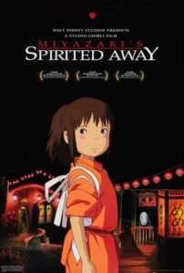 Poster for Spirited Away featuring a young girl in an orange outfit standing in the foreground and looking toward the viewer. Behind her is a mysterious nighttime spirit town illuminated by glowing red lanterns, colorful buildings, and a wooden bridge. A masked spirit figure can be seen in the background. The dark sky contrasts with the warm lights of the town, creating an atmosphere of wonder, mystery, and fantasy. The title “Miyazaki’s Spirited Away” appears prominently at the top.