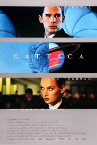 Poster for Gattaca featuring three horizontal panels. The top panel shows a man in a dark suit looking off to the side, while the bottom panel shows a woman in profile in a similar futuristic setting. The center panel displays the title “Gattaca” over a split image combining a microscopic cell and the planet Saturn, symbolizing the intersection of genetics and space exploration. The tagline, “There is no gene for the human spirit,” appears beneath the images, emphasizing the film’s themes of genetic determinism, perseverance, and human potential.