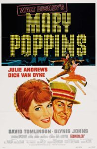 Theatrical poster for Walt Disney's Mary Poppins. The title appears in large, marquee-style yellow dot lettering against a black upper half. In the center, Bert and Mary Poppins are shown dancing joyfully across a London rooftop silhouetted against the night sky, with star billing for Julie Andrews and Dick Van Dyke in bold red lettering on the left. The bottom half features an illustrated portrait of Julie Andrews smiling beside Dick Van Dyke wearing a striped chimney sweep cap, above full cast and production credits.